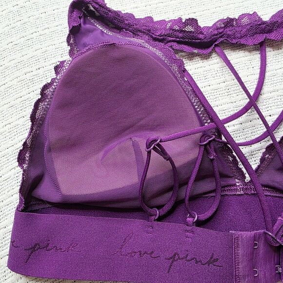 Victoria's Secret Bralette Medium Purple Lace Floral Halter Adjustable - Picture 9 of 12